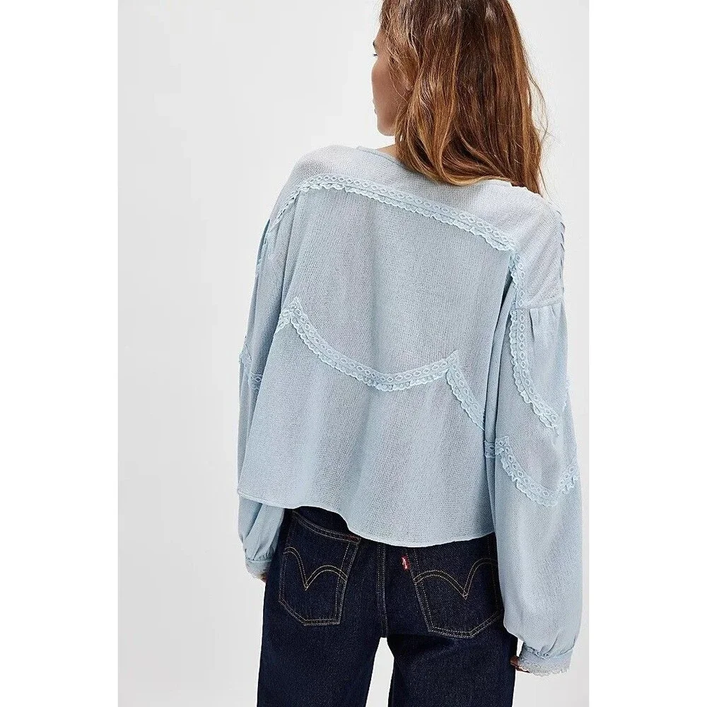 Free People Maisey Knit Top Blouse Floral Lace Embroidered Cotton XS NEW 277164
